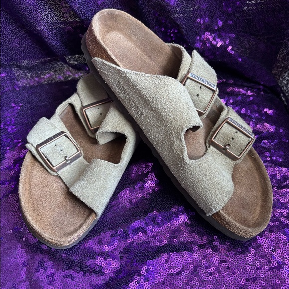 Birkenstock Shoes - Birkenstock Taupe Suede Buckle Sandals, Size 38